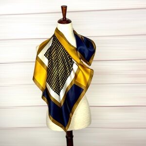 Vintage Twill Silk Scarf Geometric Dot Pattern Mustard Navy Gold 28x28" Japan
